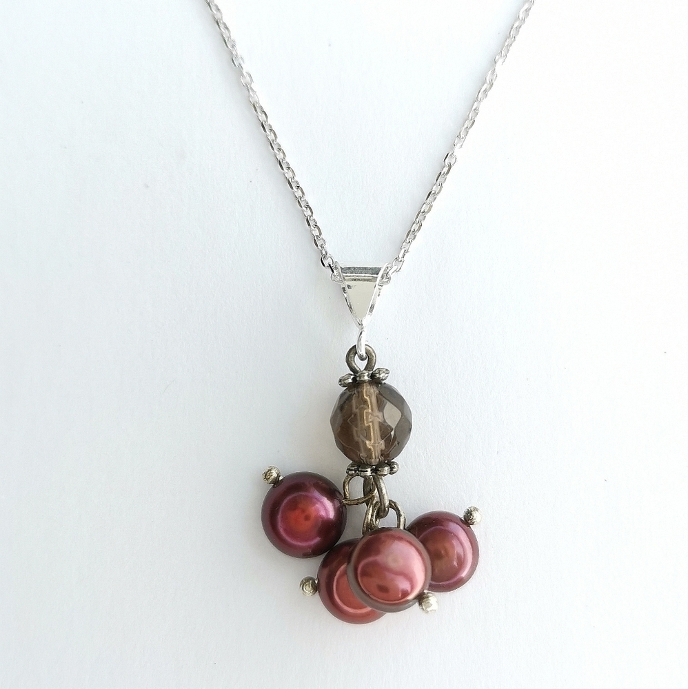 Freshwater Pearl Smoky Quartz Topaz pendant necklace Sterling Silver 🆕